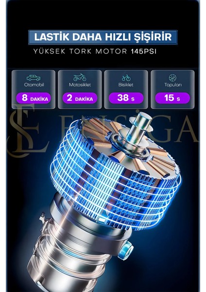 Mega Plus Taşınabilir Araba Hava Kompresörü 25 L/dk 150 PSI 120W, Dijital Ekranlı LED Işıklı ve Powerbank Özellikli