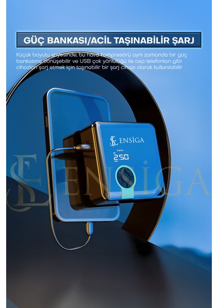 Mega Plus Taşınabilir Araba Hava Kompresörü 25 L/dk 150 PSI 120W, Dijital Ekranlı LED Işıklı ve Powerbank Özellikli