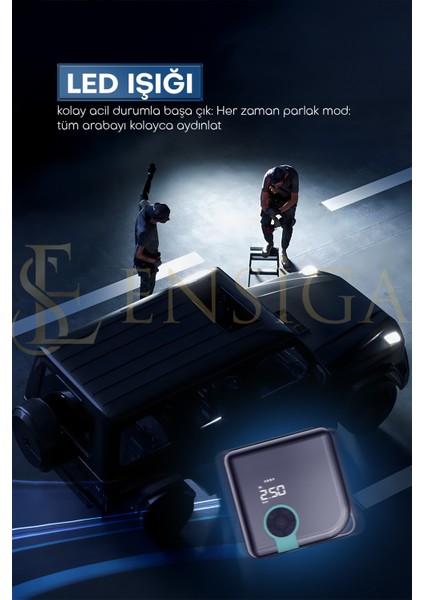 Mega Plus Taşınabilir Araba Hava Kompresörü 25 L/dk 150 PSI 120W, Dijital Ekranlı LED Işıklı ve Powerbank Özellikli