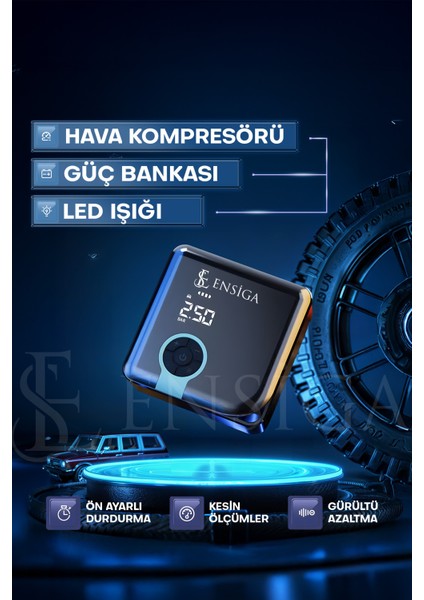 Mega Plus Taşınabilir Araba Hava Kompresörü 25 L/dk 150 PSI 120W, Dijital Ekranlı LED Işıklı ve Powerbank Özellikli