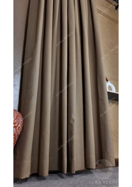 Keten Fon Perde- Kum Beji Renk Sık Pileli Fon Perde-Karesi Kumaş Keten Fon Perde modelleri