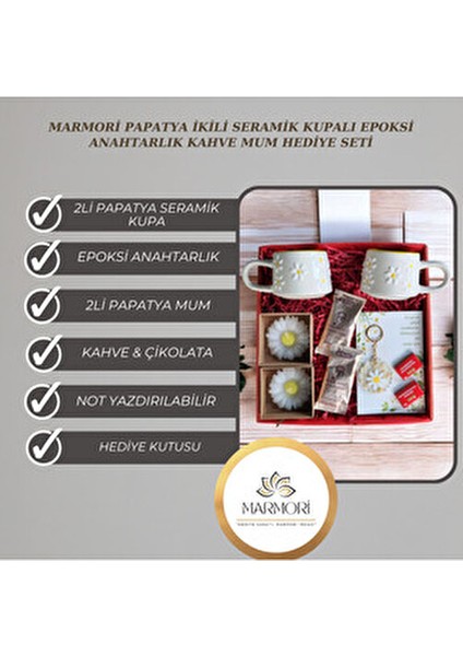 Papatya Ikili Seramik Kupalı Epoksi Anahtarlık Kahve Papatya Mum Çikolata Hediye Seti modelleri