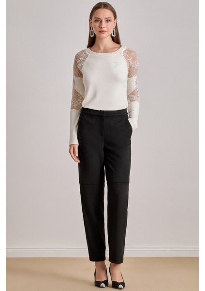 Bilekte Boy Siyah Süet Pantolon