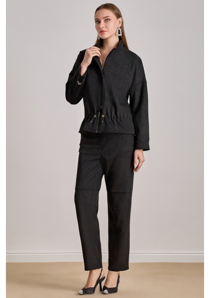 Bilekte Boy Siyah Süet Pantolon