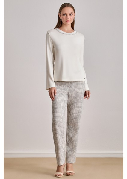 Bilekte Boy Ekru Örme Pantolon