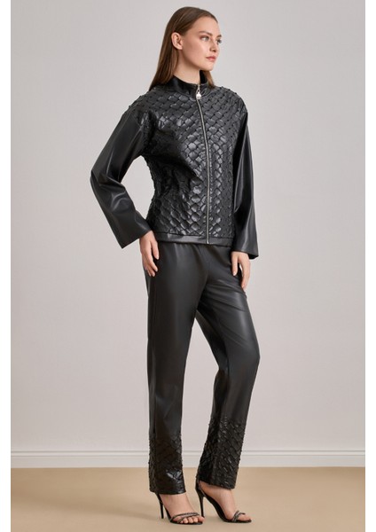 Yandan Cepli Siyah Deri Pantolon