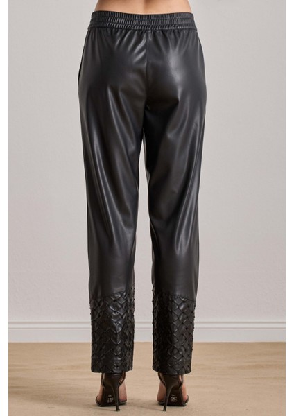 Yandan Cepli Siyah Deri Pantolon