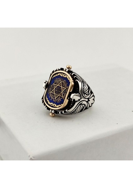 925 Ayar Gümüş Mavi Mineli Çift Taraflı Mührü Süleyman Erkek Yüzük fiyatları