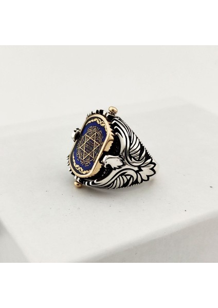 925 Ayar Gümüş Mavi Mineli Çift Taraflı Mührü Süleyman Erkek Yüzük modelleri