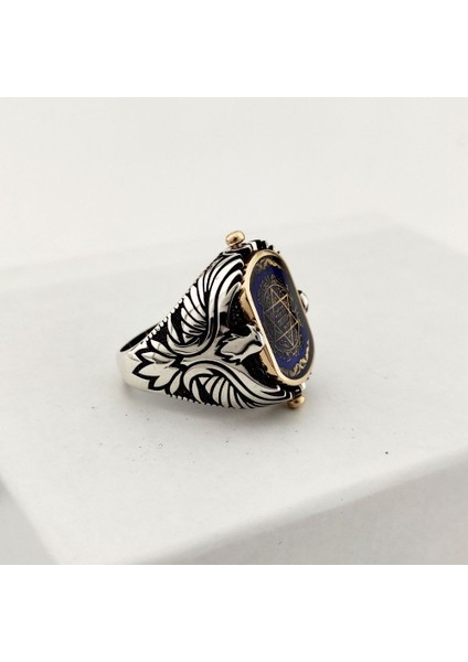 925 Ayar Gümüş Mavi Mineli Çift Taraflı Mührü Süleyman Erkek Yüzük fırsatları