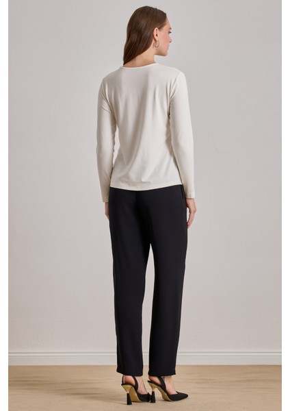 Yandan Cepli Siyah Krep Pantolon