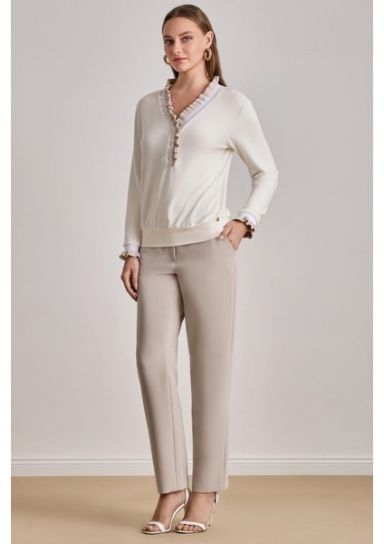 Bilekte Boy Bej Dokuma Pantolon