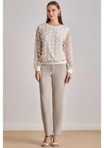 Bilekte Boy Bej Dokuma Pantolon