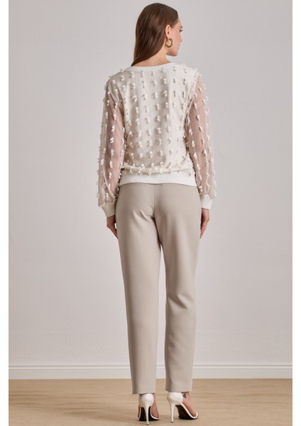 Bilekte Boy Bej Dokuma Pantolon