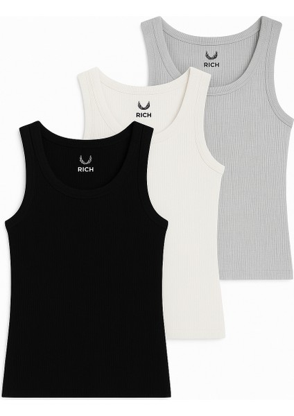 Kadın 3'lü Paket Siyah-Beyaz-Gri Sıfır Kol Kaşkorse Body-Bisiklet Yaka %100 Pamuk Atlet Bluz