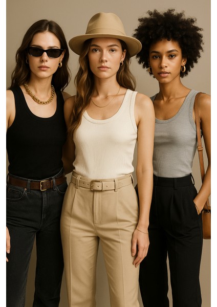 Kadın 3'lü Paket Siyah-Beyaz-Gri Sıfır Kol Kaşkorse Body-Bisiklet Yaka %100 Pamuk Atlet Bluz modelleri