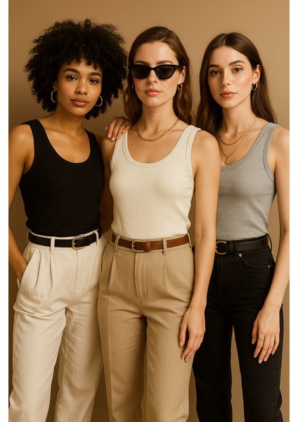 Kadın 3'lü Paket Siyah-Beyaz-Gri Sıfır Kol Kaşkorse Body-Bisiklet Yaka %100 Pamuk Atlet Bluz fırsatları