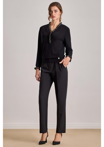 Bilekte Boy Siyah Dokuma Pantolon