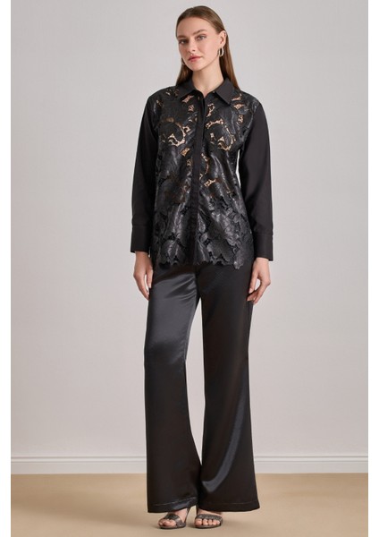 Yandan Cepli Siyah Saten Pantolon