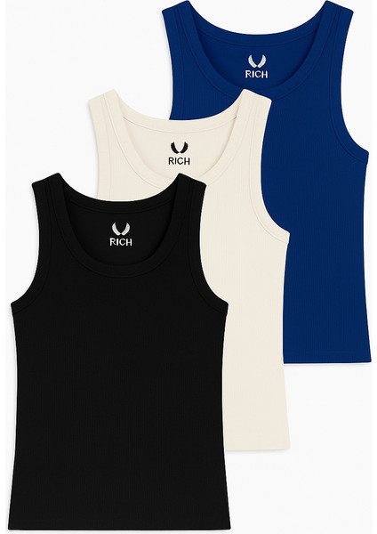 Kadın 3'lü Paket Siyah-Beyaz-Lacıvert Sıfır Kol Kaşkorse Body-Bisiklet Yaka %100 Pamuk Atlet Bluz