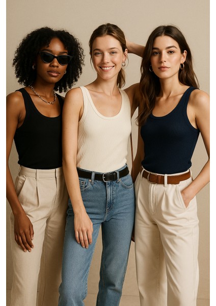 Kadın 3'lü Paket Siyah-Beyaz-Lacıvert Sıfır Kol Kaşkorse Body-Bisiklet Yaka %100 Pamuk Atlet Bluz fiyatları