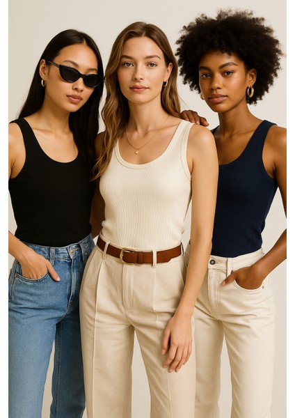 Kadın 3'lü Paket Siyah-Beyaz-Lacıvert Sıfır Kol Kaşkorse Body-Bisiklet Yaka %100 Pamuk Atlet Bluz modelleri