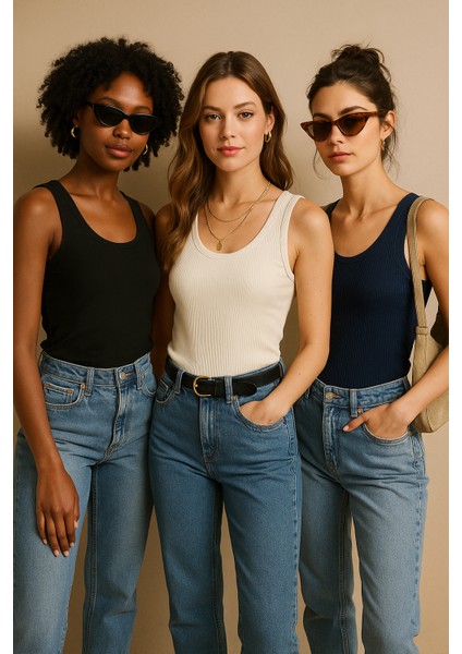 Kadın 3'lü Paket Siyah-Beyaz-Lacıvert Sıfır Kol Kaşkorse Body-Bisiklet Yaka %100 Pamuk Atlet Bluz fırsatları