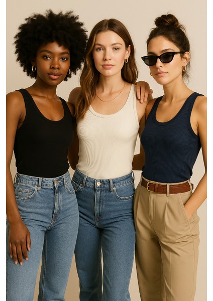 Kadın 3'lü Paket Siyah-Beyaz-Lacıvert Sıfır Kol Kaşkorse Body-Bisiklet Yaka %100 Pamuk Atlet Bluz indirimleri