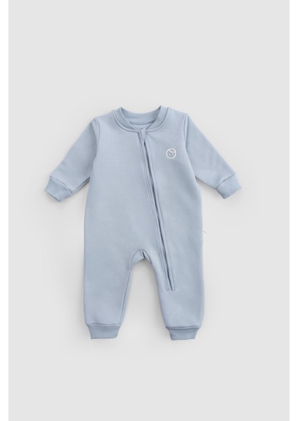 Organik Pamuklu İçi Tüylü Mavi Fermuarlı Bebek Tulumu