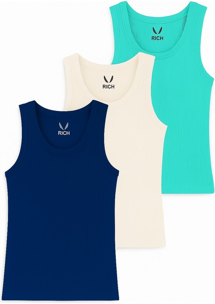 Kadın 3'lü Paket Lacıvert-Beyaz-Turkuaz Sıfır Kol Kaşkorse Body-Bisiklet Yaka %100 Pamuk Atlet Bluz