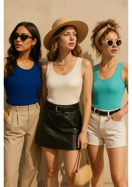 Kadın 3'lü Paket Lacıvert-Beyaz-Turkuaz Sıfır Kol Kaşkorse Body-Bisiklet Yaka %100 Pamuk Atlet Bluz fiyatları