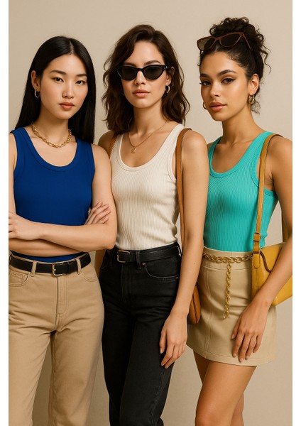 Kadın 3'lü Paket Lacıvert-Beyaz-Turkuaz Sıfır Kol Kaşkorse Body-Bisiklet Yaka %100 Pamuk Atlet Bluz modelleri