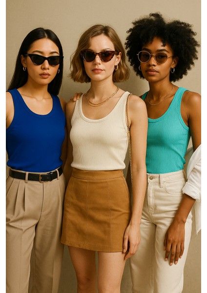 Kadın 3'lü Paket Lacıvert-Beyaz-Turkuaz Sıfır Kol Kaşkorse Body-Bisiklet Yaka %100 Pamuk Atlet Bluz fırsatları