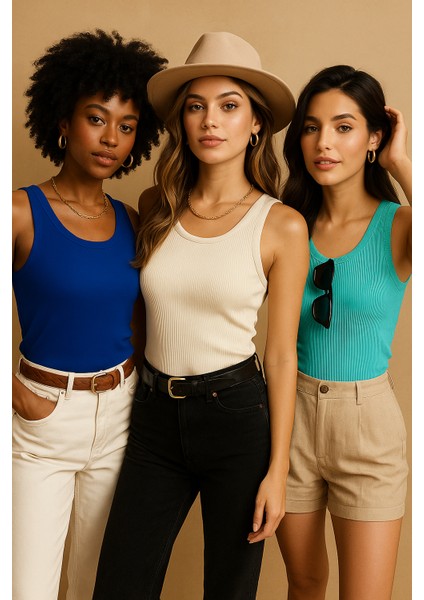 Kadın 3'lü Paket Lacıvert-Beyaz-Turkuaz Sıfır Kol Kaşkorse Body-Bisiklet Yaka %100 Pamuk Atlet Bluz indirimleri