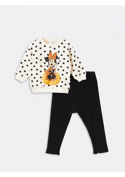 Lcw Baby Siyah H12 Bisiklet Yaka Minnie Mouse Baskılı Kız Bebek Sweatshirt ve Tayt 2'li Takım
