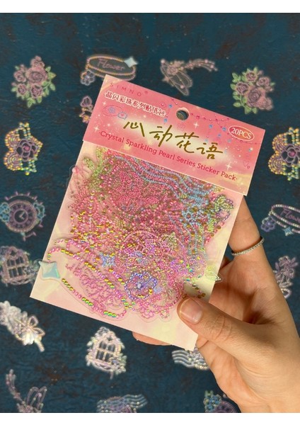 20 Adet 3D Kristal Işıltılı Inci Serisi Pembe Paket Sticker Seti / Etiket / Çıkartma / Su Geçirmez