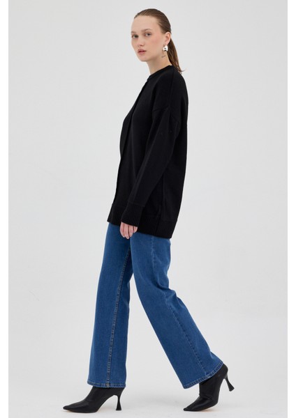 Siyah Oversize Bisiklet Yaka Kadın Kazak 2345 modelleri