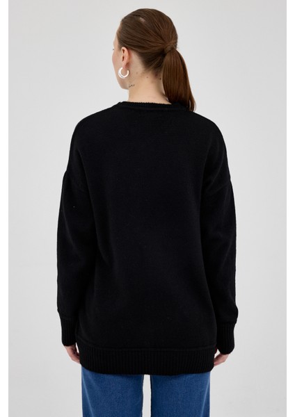 Siyah Oversize Bisiklet Yaka Kadın Kazak 2345 indirimleri