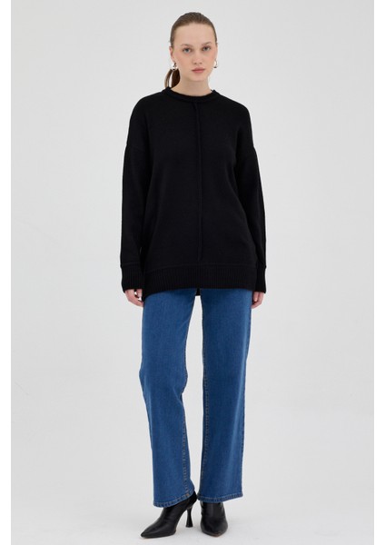 Siyah Oversize Bisiklet Yaka Kadın Kazak 2345