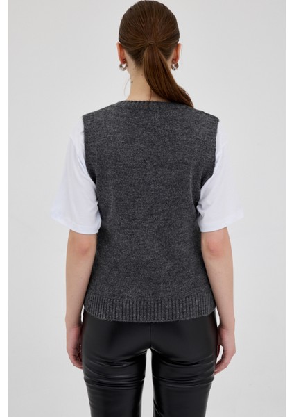 Antrasit Oversize V Yaka Kadın Süveter 2292 indirimleri