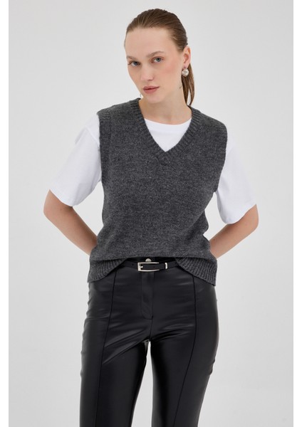 Antrasit Oversize V Yaka Kadın Süveter 2292