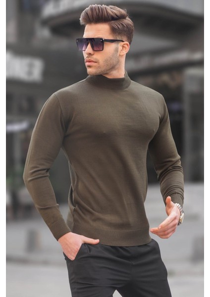 Haki Slim Fit Yarım Balıkçı Yaka Erkek Triko Kazak 6343