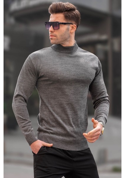 Antrasit Slim Fit Yarım Balıkçı Yaka Erkek Triko Kazak 6343