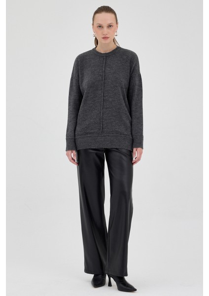 Antrasit Oversize Bisiklet Yaka Kadın Kazak 2345