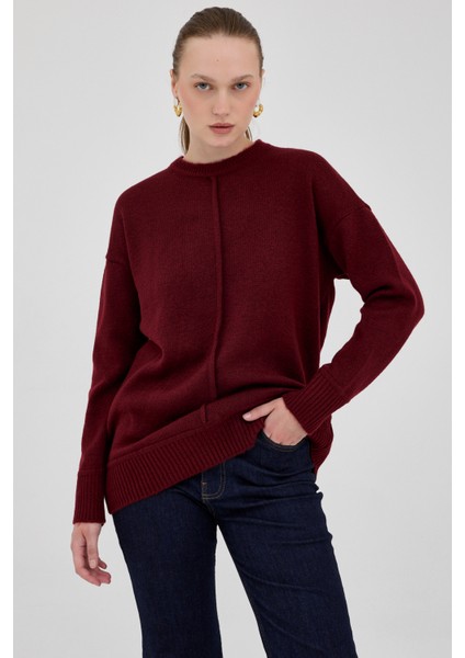 Bordo Oversize Bisiklet Yaka Kadın Kazak 2345