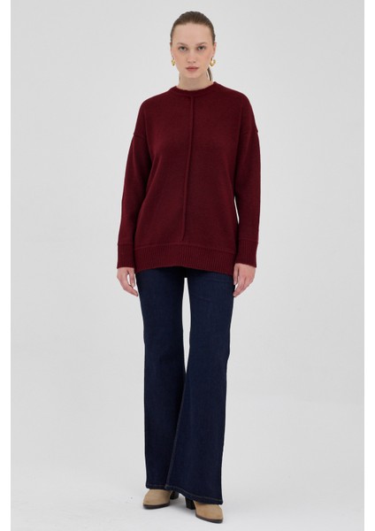 Bordo Oversize Bisiklet Yaka Kadın Kazak 2345 modelleri