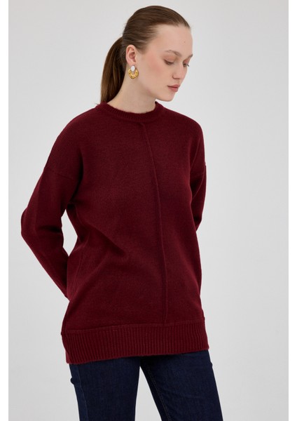 Bordo Oversize Bisiklet Yaka Kadın Kazak 2345