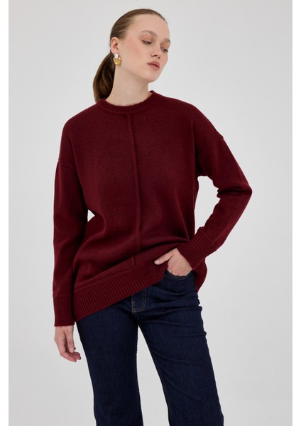 Bordo Oversize Bisiklet Yaka Kadın Kazak 2345