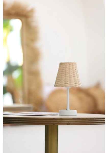 Rattan & Bambu Kablosuz Pilli Abajur Masa Lambası - Alt Uzun Beyaz