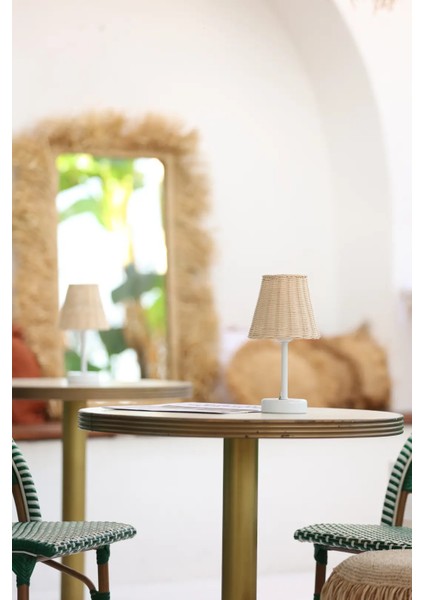 Rattan & Bambu Kablosuz Pilli Abajur Masa Lambası - Alt Uzun Beyaz modelleri